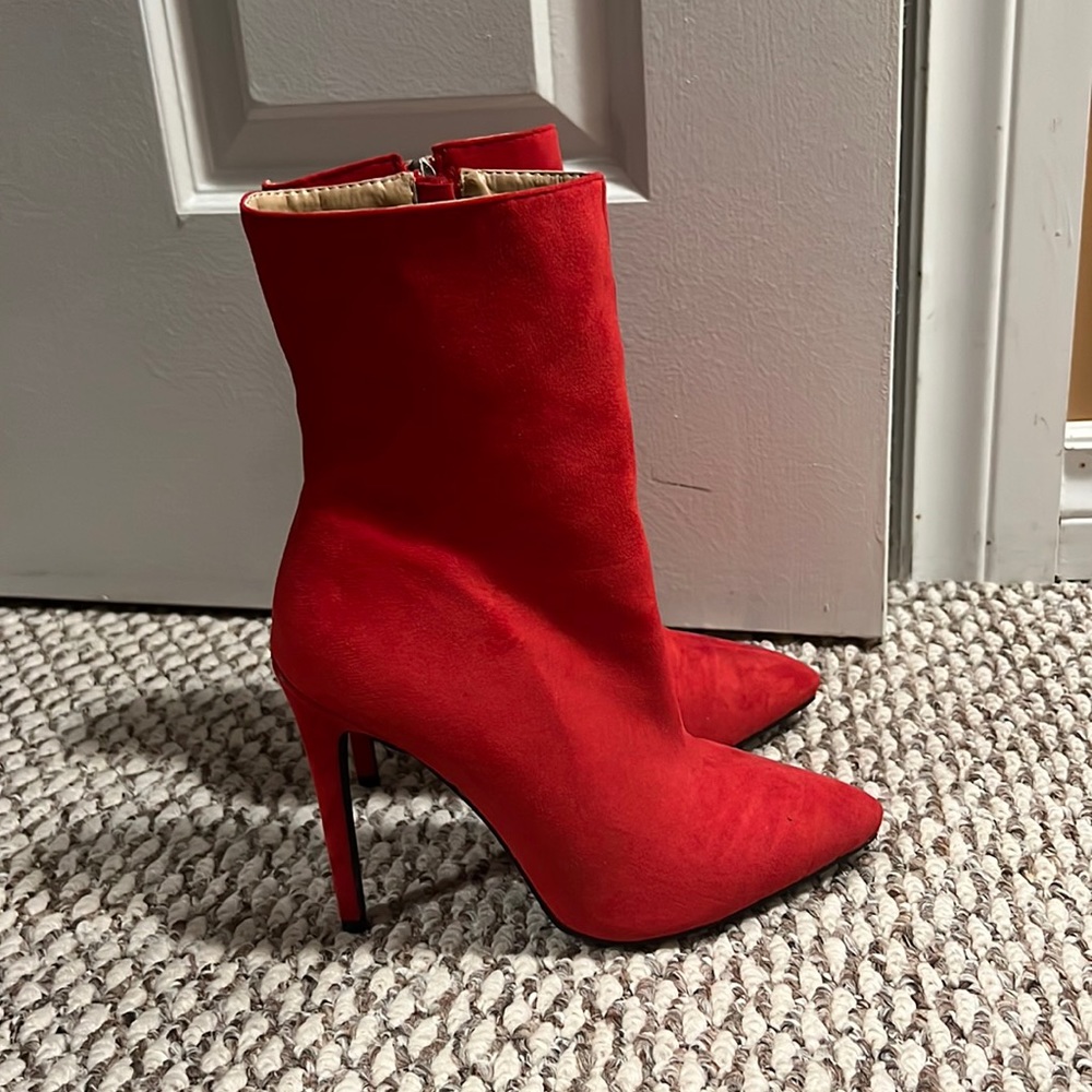 Red Suede Pointed-Toe Stiletto Ankle Boots - Women's